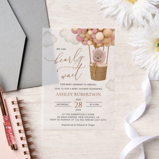 Beer, roze ballonnen, heteluchtballon, Baby shower Vellum Uitnodigingen (Huwelijk)