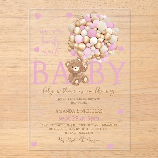 Beer Roze Ballonnen Meisje Baby shower Acryl Uitnodigingen (Voorkant)
