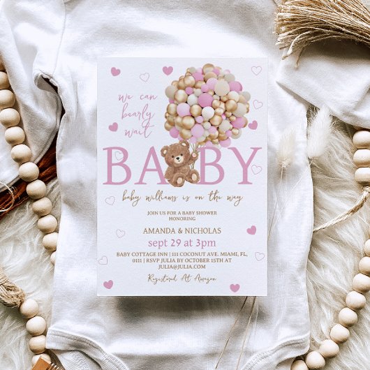 Beer Roze Ballonnen Meisje Baby shower Kaart