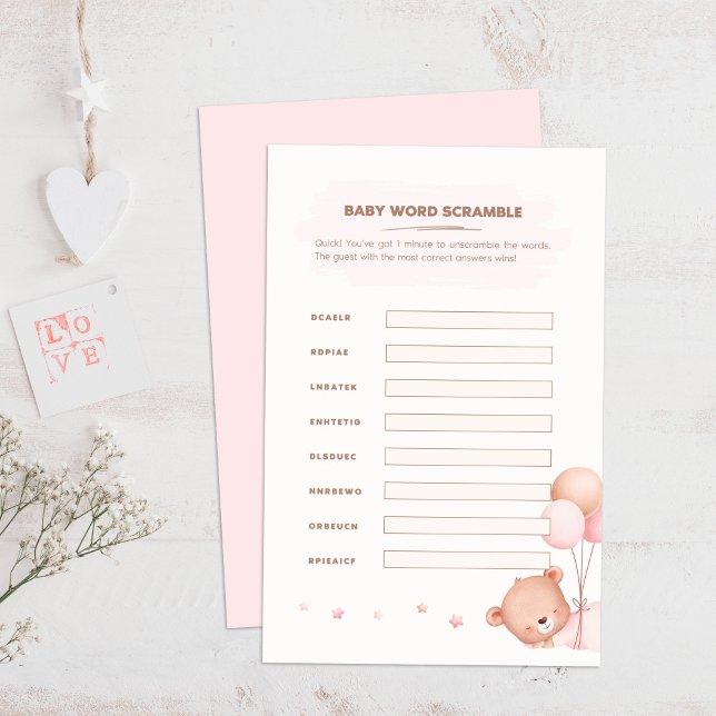 Beer & Roze Ballons Baby shower Woord Scramble (Bear & Pink Balloons Baby Shower Word Scramble on a boho wooden table.)