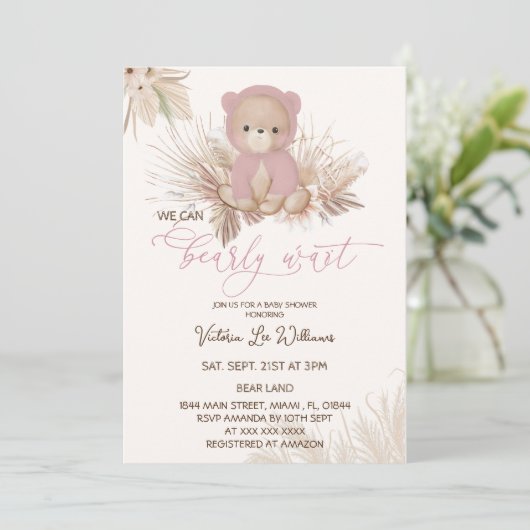 Beer Roze Boho Bearly Wait Girl Baby shower Kaart (Staand voorkant)