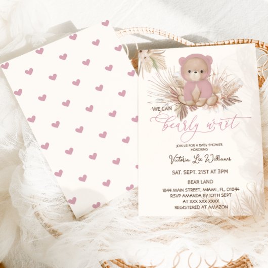 Beer Roze Boho Bearly Wait Girl Baby shower Kaart
