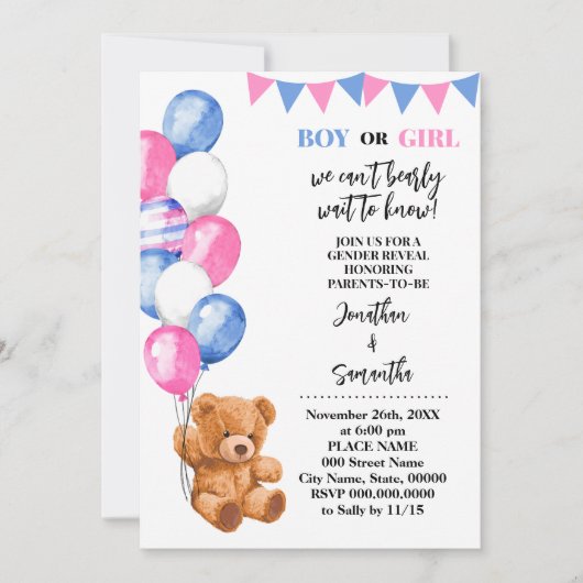 Beer roze en blauwe ballonnen kaart (Voorkant)