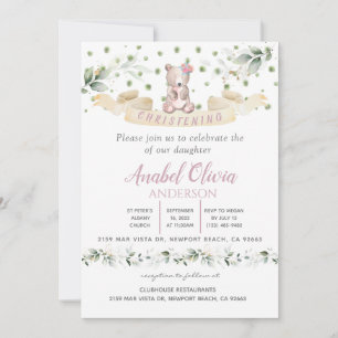 Beer Roze Floral Greenery Baptism Girl Invitation Kaart