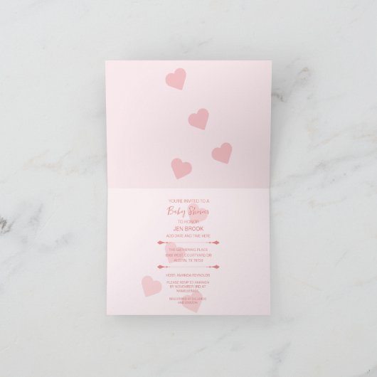 Beer Roze Harten Baby shower Gevouwen Uitnodiging (Binnen)