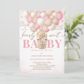 Beer Roze Hete Luchtballon Meisje Baby shower Kaart (Staand voorkant)