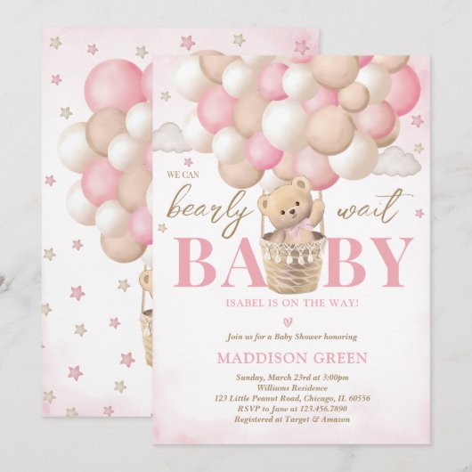 Beer Roze Hete Luchtballon Meisje Baby shower Kaart (Voorkant / Achterkant)