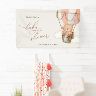 Beer, roze heteluchtballon, Baby shower Welkom Spandoek