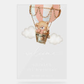 Beer, roze heteluchtballon, eerste verjaardag welk acryl bord (Voorkant)