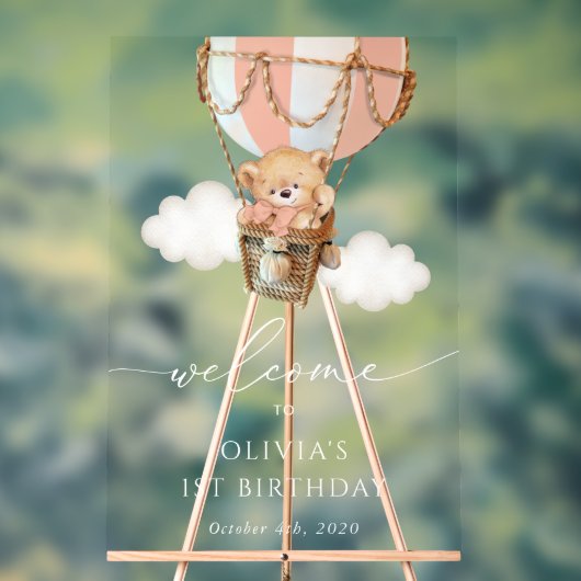 Beer, roze heteluchtballon, eerste verjaardag welk acryl bord (Neutraal)