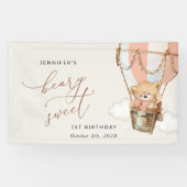 Beer, roze heteluchtballon, eerste verjaardag welk spandoek (Horizontaal)