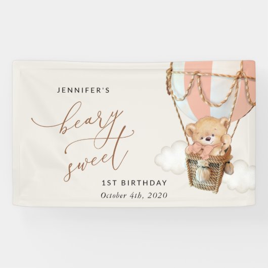 Beer, roze heteluchtballon, eerste verjaardag welk spandoek (Horizontaal)