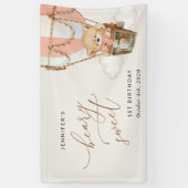 Beer, roze heteluchtballon, eerste verjaardag welk spandoek (Verticaal)