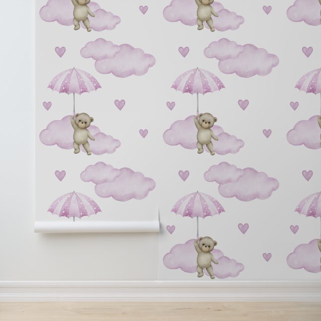 Beer Roze Paraplu Wolken Harten Baby Girl Nursery Behang (Applicatie)