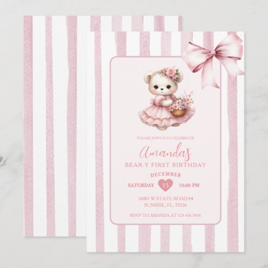 Beer roze Schattige lint eerste verjaardag Kaart (Voorkant / Achterkant)