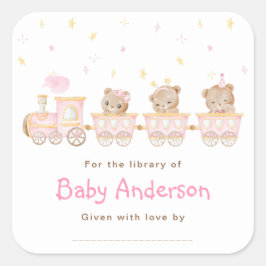 Beer Roze Trein Baby shower Bookplate Vierkante Sticker