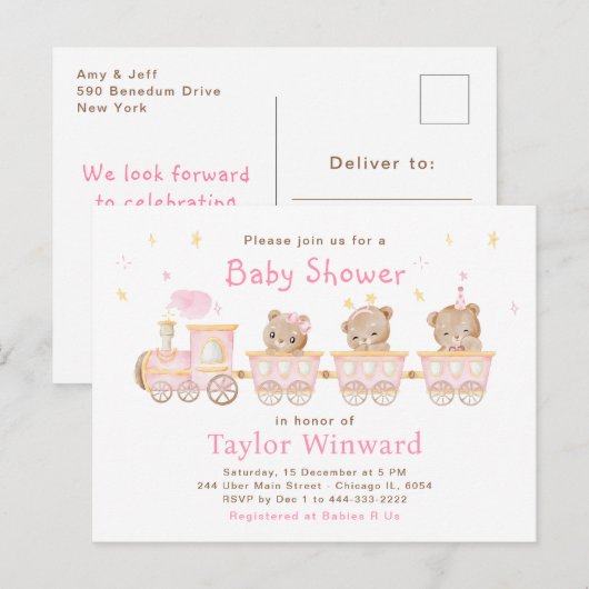 Beer Roze Trein Baby shower Briefkaart (Voorkant / Achterkant)