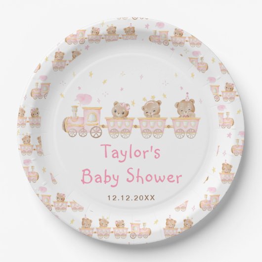 Beer Roze Trein Baby shower Papieren Bordje (Voorkant)