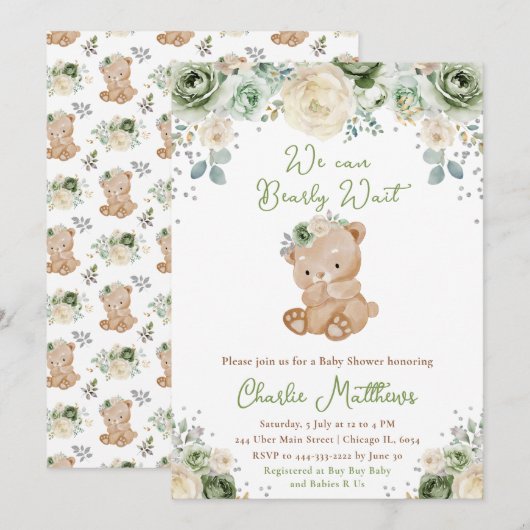 Beer Sage Green en Ivory Flowers Baby shower Kaart (Voorkant / Achterkant)