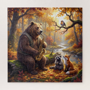 Beer Saxofoon spelend in herfstbos Legpuzzel