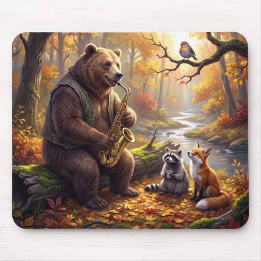 Beer Saxofoon spelend in herfstbos Muismat (Voorkant)