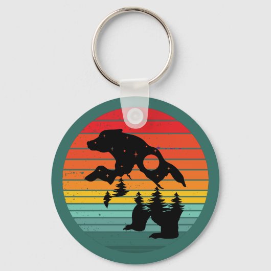 Beer Silhouette Stripe Retro Sunset Sleutelhanger (Voorkant)