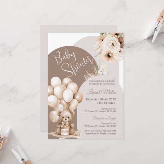 Beer Spaans Baby shower Jongen uitnodiging (Voorkant / Achterkant in situ)