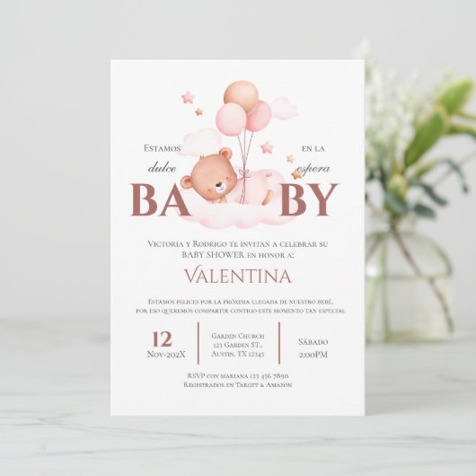 Beer Spaans Baby shower Meisje uitnodiging (Staand voorkant)