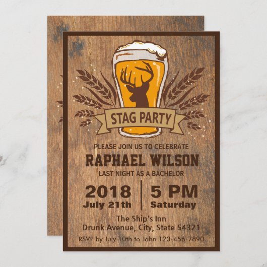 Beer & Stag Graining Trouwfeest Kaart (Voorkant / Achterkant)