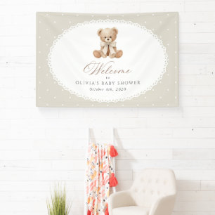 Beer, Strik, Beige Stippen, Welkom op Baby Shower Spandoek