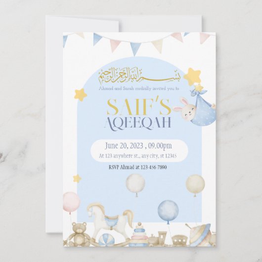 Beer Teddy Baby Blue Boy Aqeeqah Aqeeqa Uitnodigin Kaart (Voorkant)