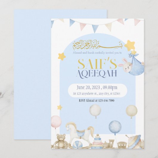 Beer Teddy Baby Blue Boy Aqeeqah Aqeeqa Uitnodigin Kaart (Voorkant / Achterkant)