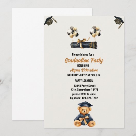 beer teddy en petten Graduation Party Kaart (Voorkant / Achterkant)