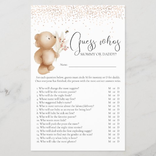 Beer & The Bee 'Raad Wie' Baby Shower Spel Flyer (Voorkant)