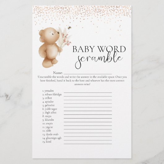 Beer & The Bee 'Woordpuzzel' Baby Shower Spel (Voorkant)