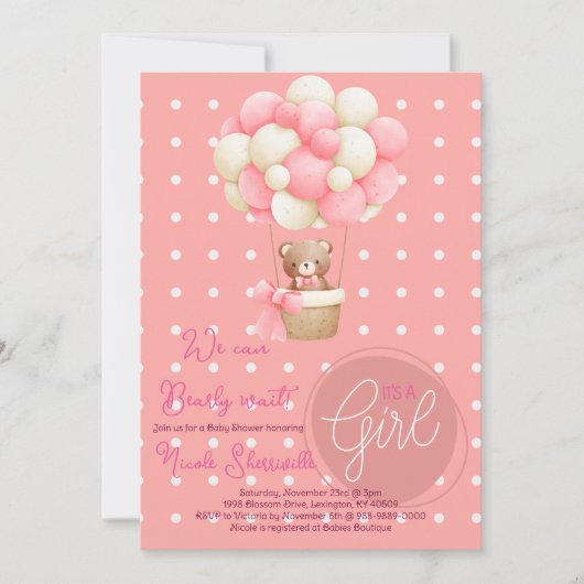 Beer Thema Roze Perzik Hete Luchtballon Baby showe Kaart (Voorkant)