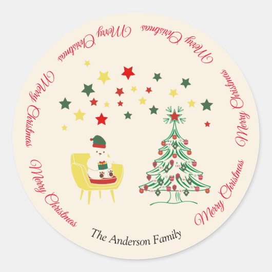 Beer Tree Familie Kleurrijke Modern Vrolijk Kerstf Ronde Sticker (Voorkant)