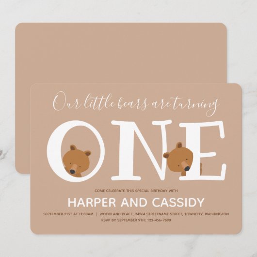 Beer Twins One Brown Animal First Birthday Kaart (Voorkant / Achterkant)