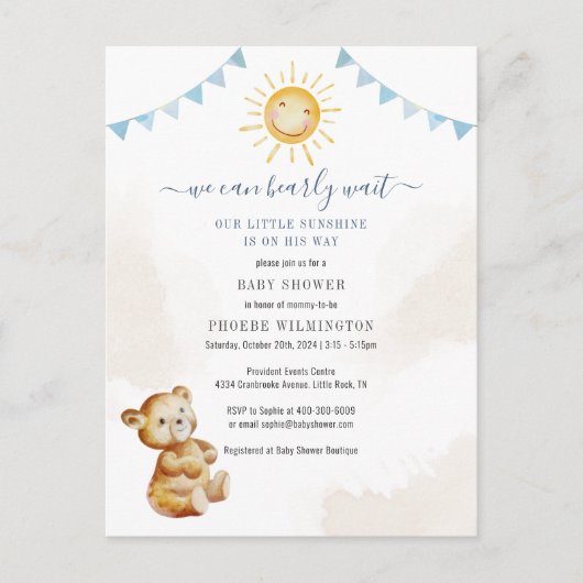 Beer van Baby shower van jongens en Waterverf van  Uitnodiging Briefkaart (Voorkant)