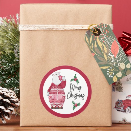 Beer van winterpolair in pyjama met cacao ronde sticker (Feestdagen)