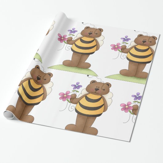 Beer verkleed als hommel met bloemen cadeaupapier (Uitgerold)