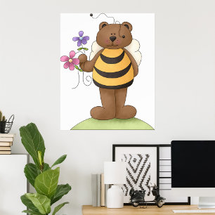 Beer verkleed als hommel met bloemen poster
