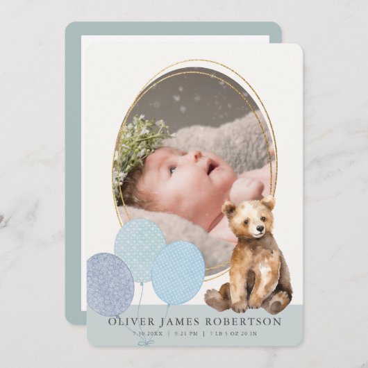 Beer welp ballonnen jongen geboorte bekendmaking kaart (Voorkant / Achterkant)