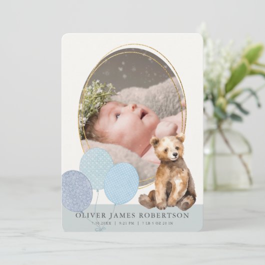 Beer welp ballonnen jongen geboorte bekendmaking kaart (Staand voorkant)