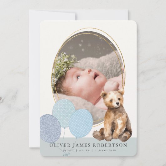 Beer welp ballonnen jongen geboorte bekendmaking kaart (Voorkant)