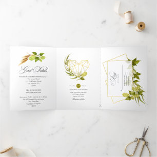 Beer Willow Green en Gold Geometric Wedding Drieluik Uitnodiging