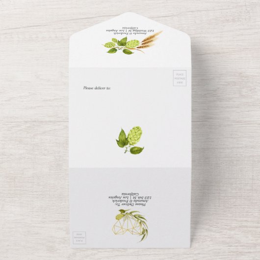 Beer Willow Greenery Gold Geometric Wedding All In One Uitnodiging (Buitenkant)
