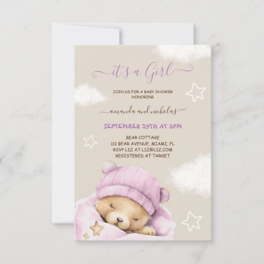 Beer Winter Baby Meisje Douche Kaart (Voorkant)