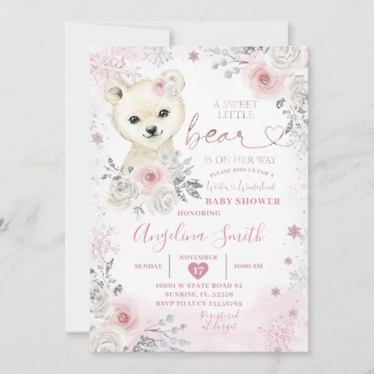 Beer Winter Pastel Roze Snowflake Baby shower Kaart (Voorkant)