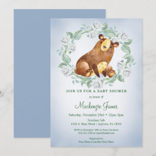 Beer Woodland Baby shower Invitation Boys Blue Kaart